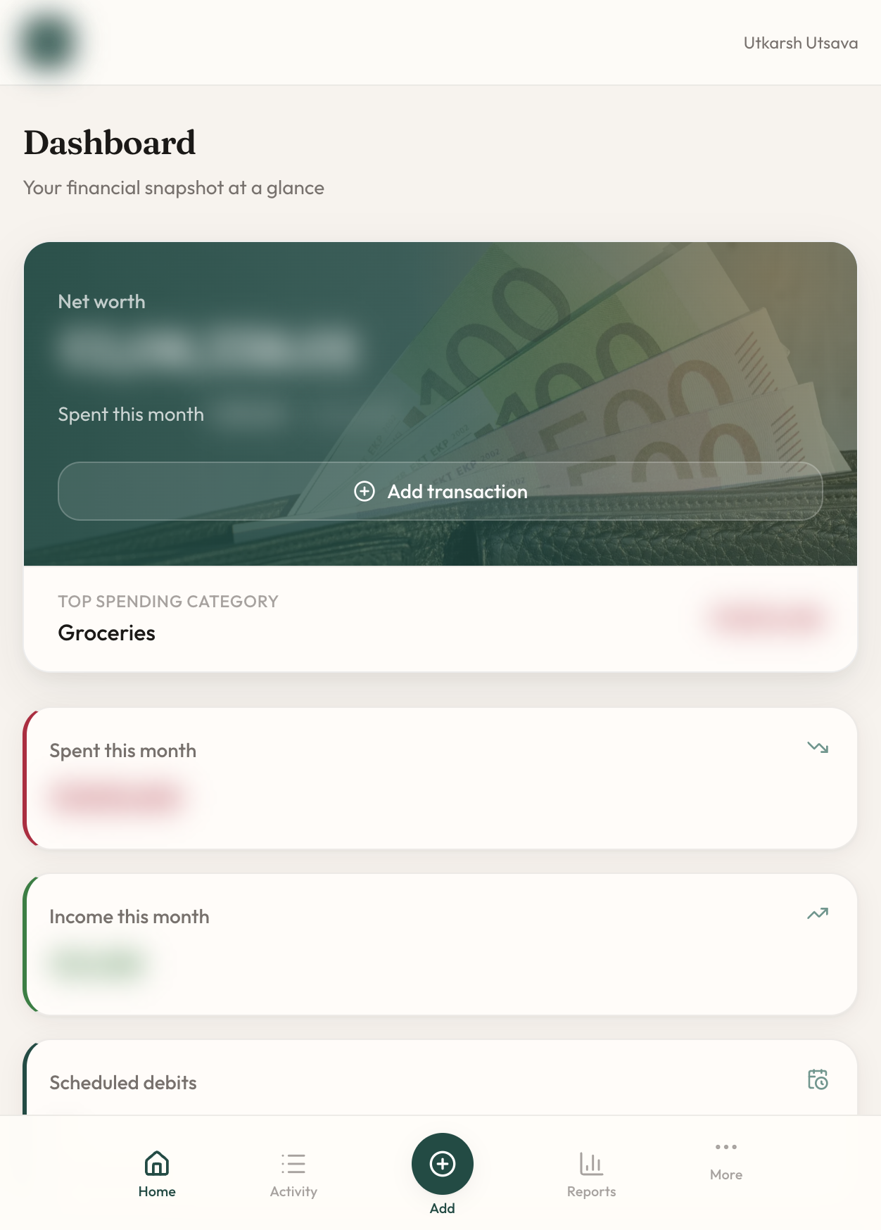 Wise Expense Tracker dashboard on phone — amounts blurred for privacy