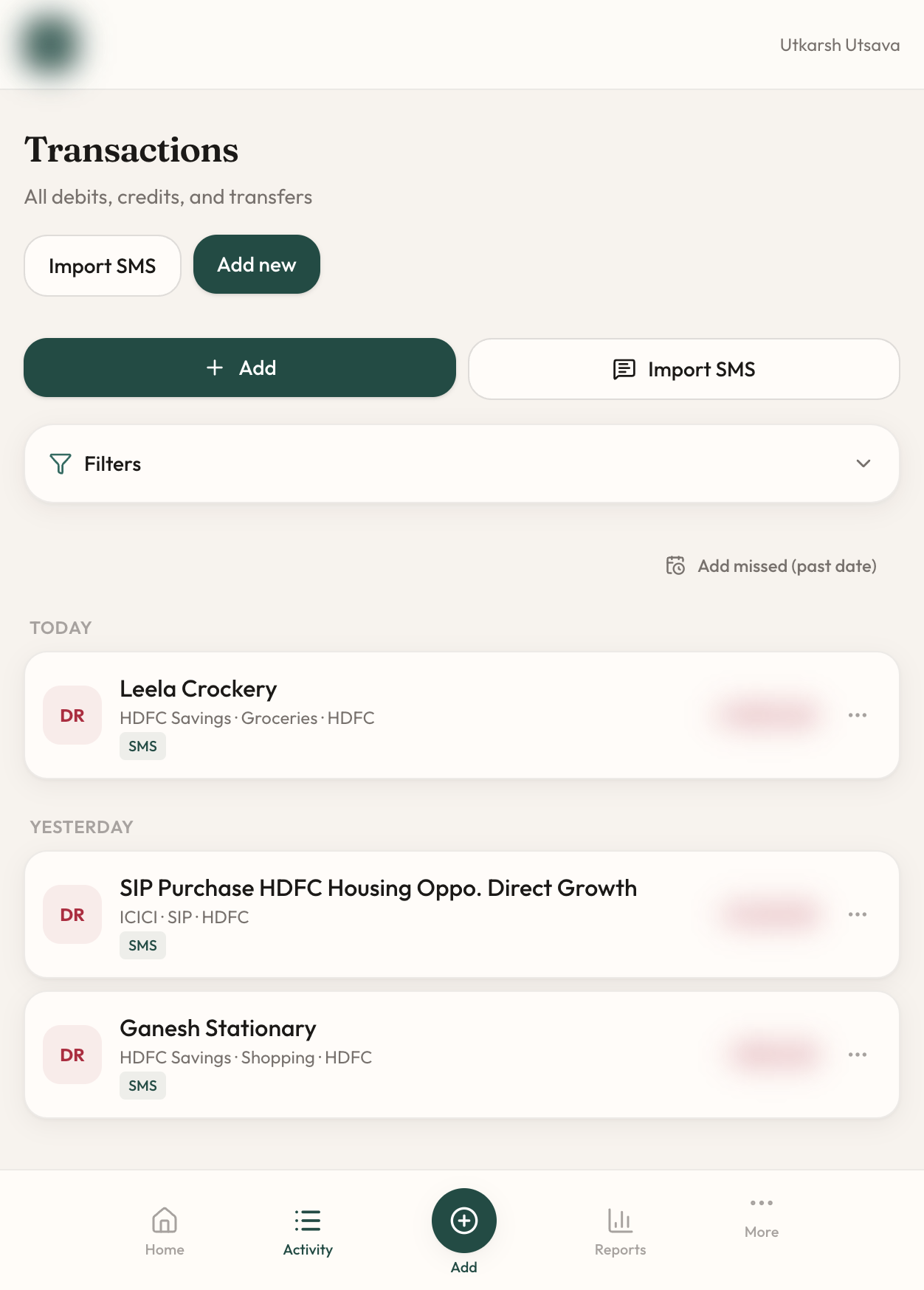 Transaction list with SMS-imported entries — amounts blurred